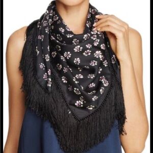TORY BURCH Black Floral Fringed Square Silk Scarf